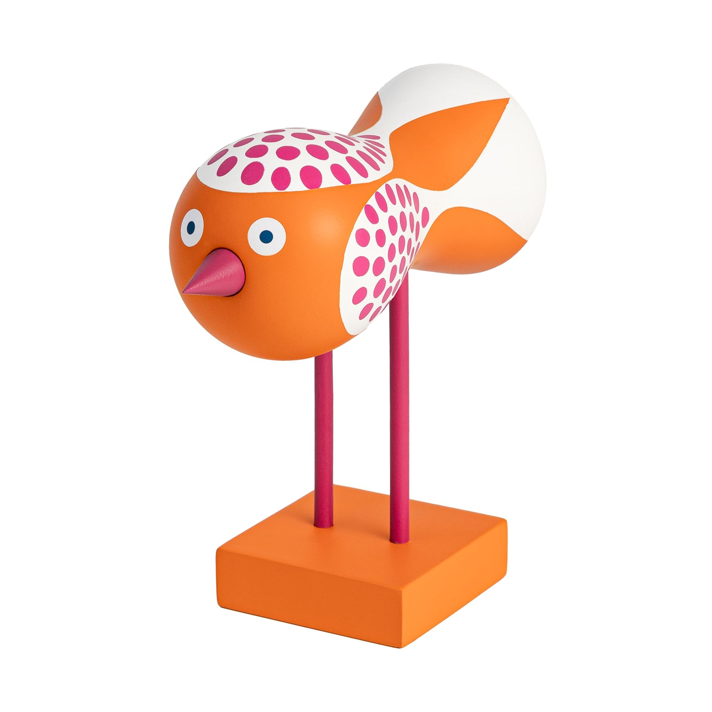 A colorful bird figurine with an orange body, white wings with pink dots, and pink legs standing on an orange base.